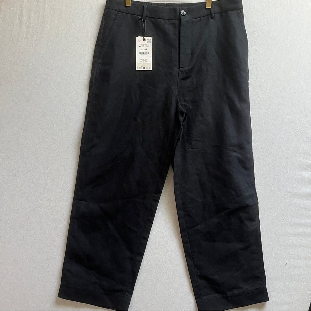 NWT Zara Linen Cotton Blend Men's Black Straight Fit Sz XL